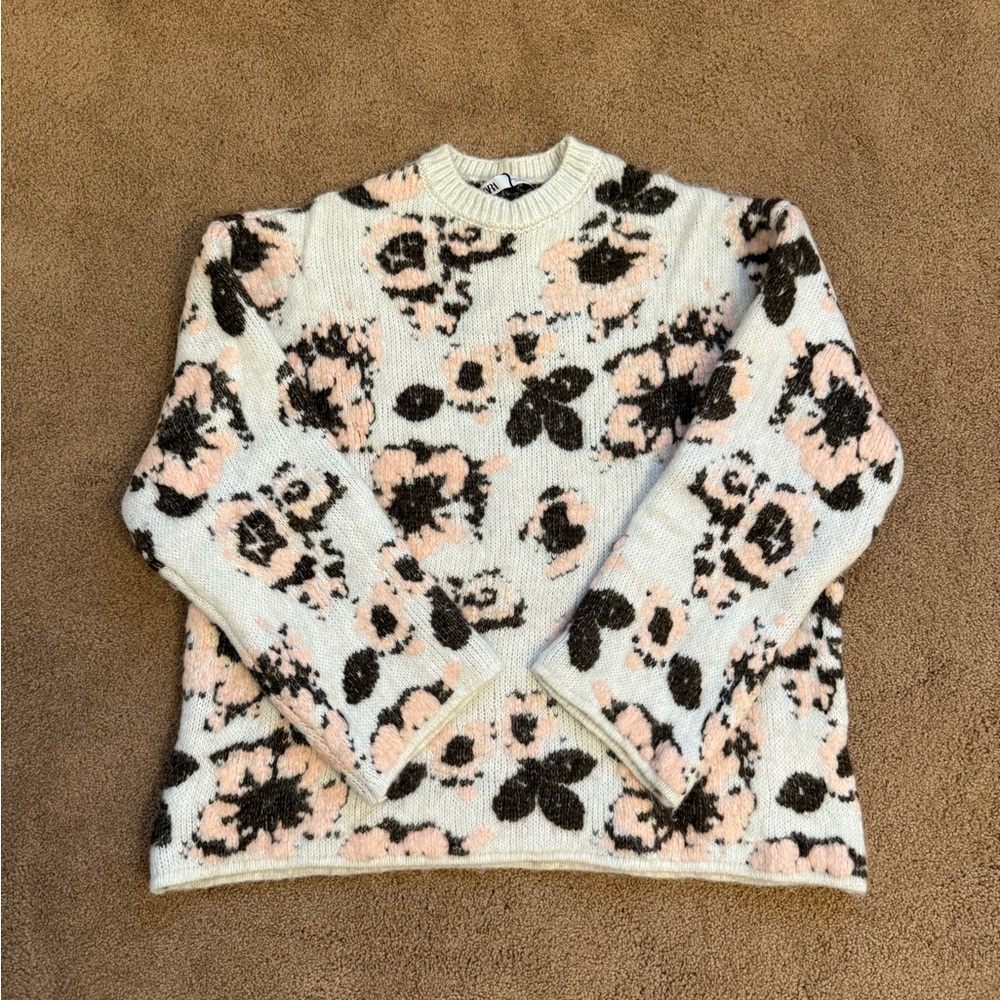 Zara Floral Knit Sweater Cream, Pink, and Black